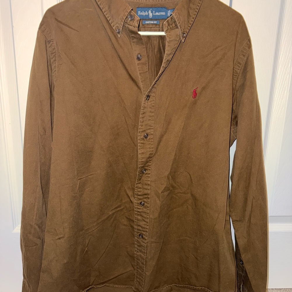 Ralph Lauren Tan Button-Up Shirt with Red Logo